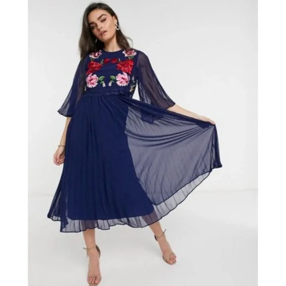 asos navy embroidered dress ASOS DESIGN Embroidered Satin Midi Dress With Frill Waist In Navy